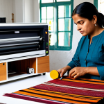 A skilled Latin American female designer, fully clothed in modest, professional attire, stands beside an indigenous artisan who is carefully working on a vibrant, hand-woven textile. In the background, a modern 3D printer sits next to a computer displaying a design software, symbolizing the fusion of traditional craftsmanship with contemporary tools. The scene is set in a sunlit, respectful workshop in the Andes, filled with natural light and handcrafted items. The atmosphere is collaborative and innovative. safe for work, appropriate content, fully clothed, professional, perfect anatomy, correct proportions, natural pose, well-formed hands, proper finger count, natural body proportions, high quality photography, sharp focus, natural colors.