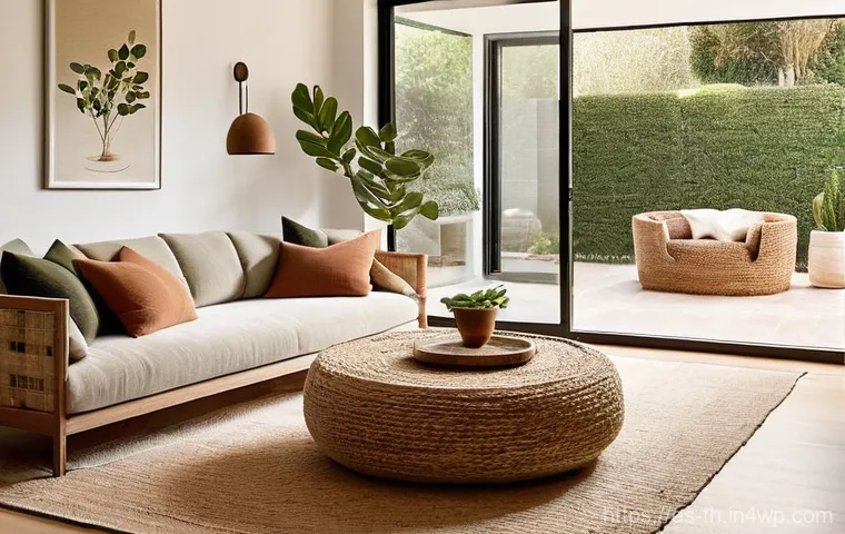 물성매력 디자인의 트렌드 예측 - **Prompt:** A cozy and serene living room in a modern Spanish home, emphasizing tactile textures and...