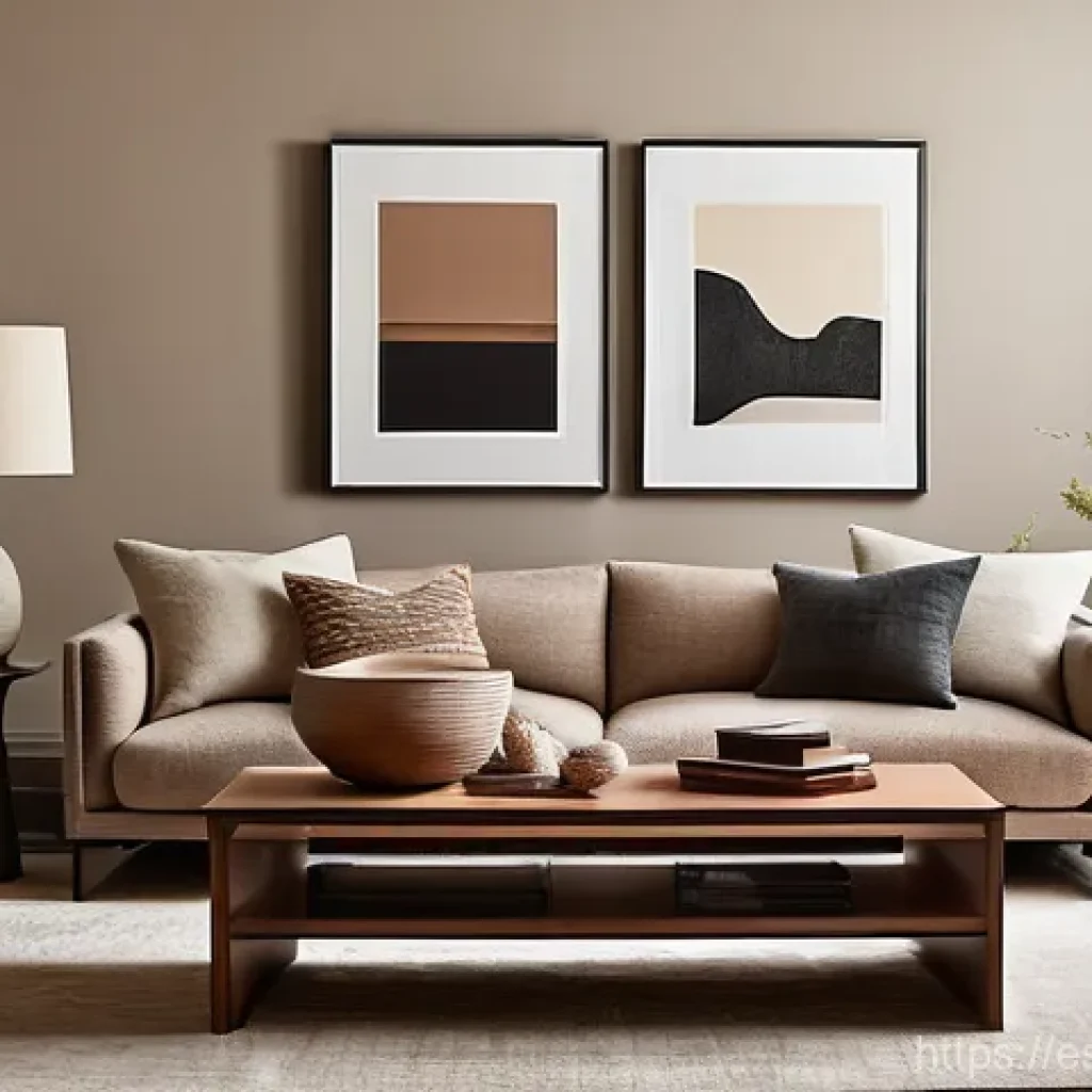물성매력 디자인의 예술적 접근 - "An inviting and sophisticated interior photograph of a modern living room, emphasizing rich texture...