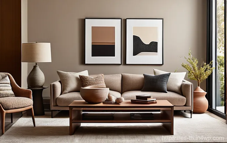 물성매력 디자인의 예술적 접근 - "An inviting and sophisticated interior photograph of a modern living room, emphasizing rich texture...