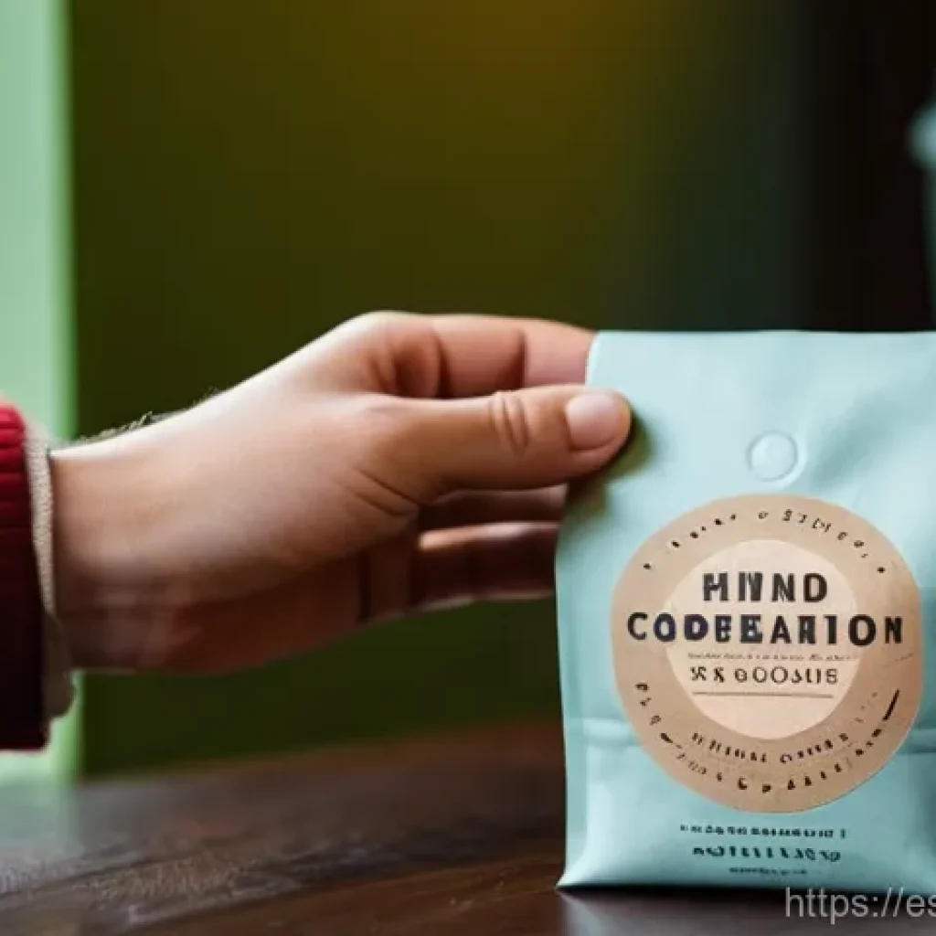 물성매력 디자인의 비주얼 아이디어 발상법 - **Prompt:** A close-up shot focusing on a person's hands gently holding an artisanal coffee package ...