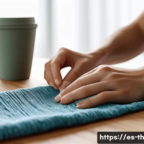 물성매력 디자인을 위한 리서치 기법 - A close-up, hyper-realistic image of a designer’s hands gently touching various eco-friendly materia...