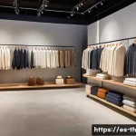 물성매력 디자인의 비즈니스 모델 - A luxurious retail store display featuring high-end fashion items made from natural fibers like cott...