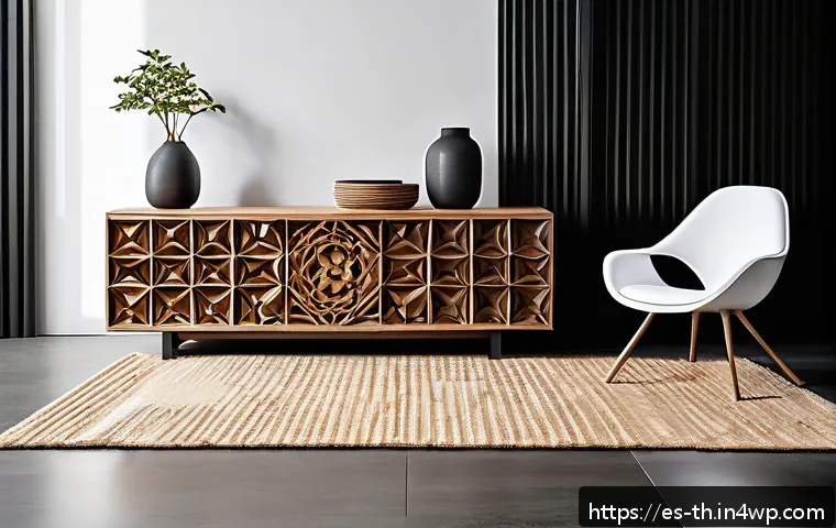 물성매력 디자인의 트렌드 분석 - A modern interior design scene featuring a combination of traditional wood and ceramic materials wit...