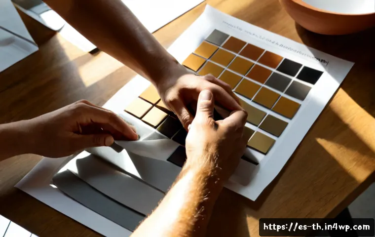 물성매력 디자인의 실무적 팁 - Photorealistic product designer’s workspace in a contemporary Spanish design studio, hands arranging...